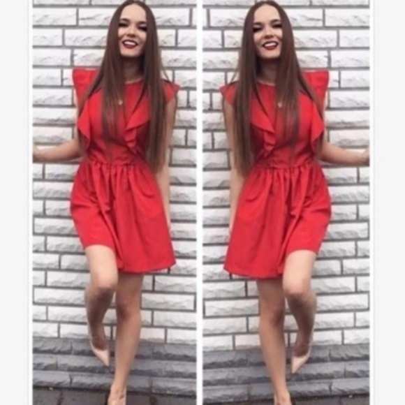 Zara Basic Shiny Red Short Sleeve Ruffle Dress - Picture 2 of 6